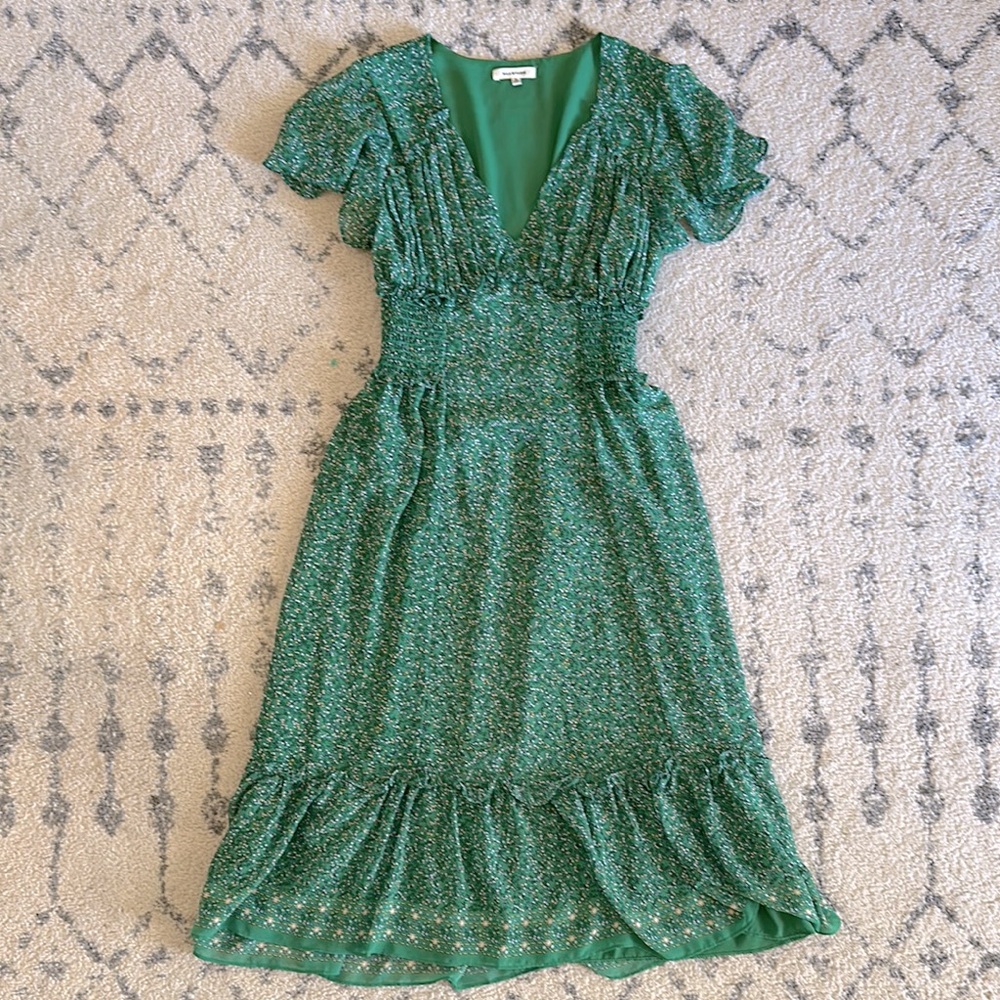 Green Floral Flutter Sleeve Dress